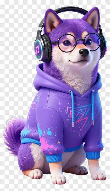 3D Purple Dog Wearing Headphones And Hoodie PNG