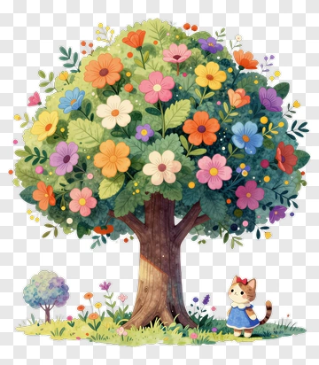 Colorful Tree With Flowers And A Cat PNG