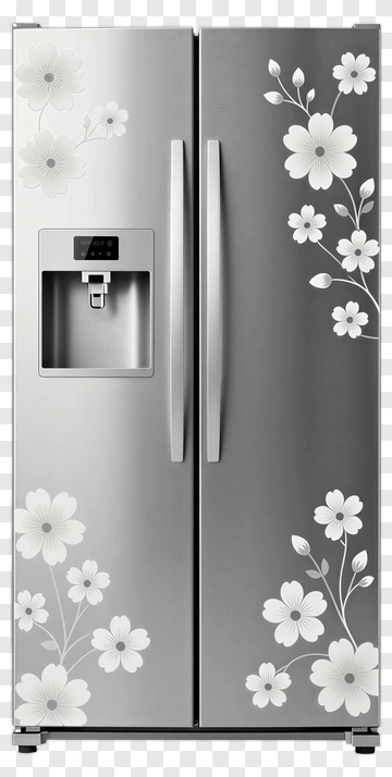 Stylish Stainless Steel Refrigerator With Floral Design PNG
