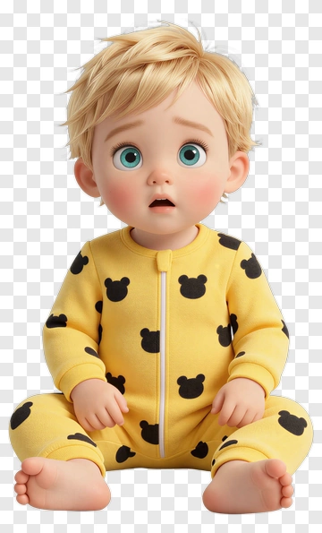Surprised Baby In Yellow Pajamas With Bear Print PNG