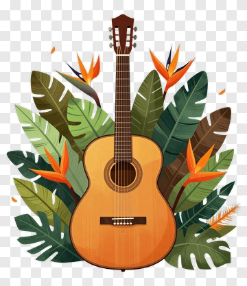 Acoustic Guitar Surrounded By Tropical Leaves PNG