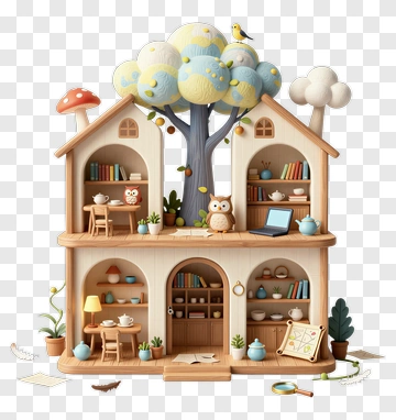 Colorful Treehouse With Owl And Books PNG