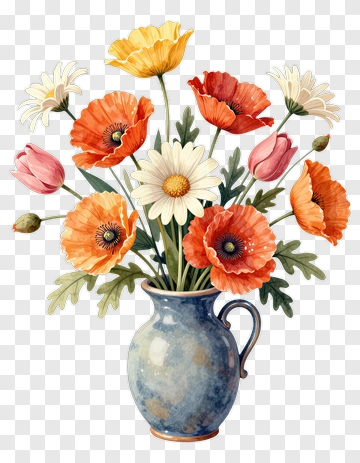 Colorful Flower Bouquet In A Blue Vase PNG