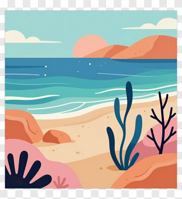 Beach Scene With Colorful Rocks And Seaweed PNG