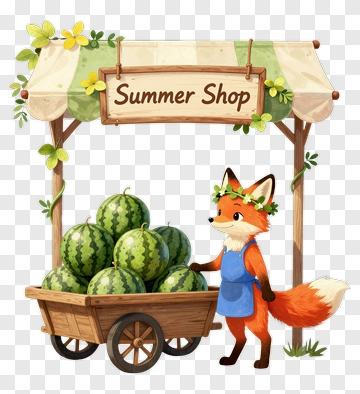 Fox At A Summer Shop With Watermelons PNG