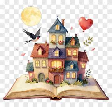 Colorful House Scene Emerging From An Open Book PNG