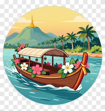 Colorful Boat Surrounded By Tropical Landscape PNG