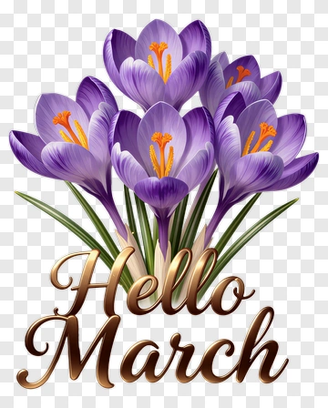 Hello March With Purple Crocuses PNG