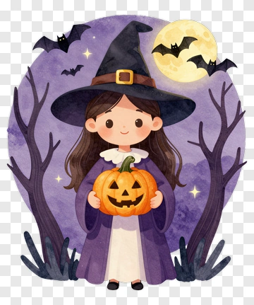 Cartoon Witch Holding A Halloween Pumpkin PNG