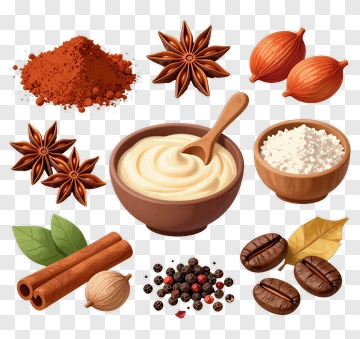 Spices And Ingredients In Wooden Bowls PNG