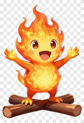 Cartoon Fire Creature Standing On Logs PNG