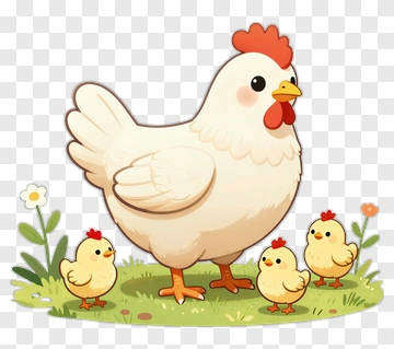 Cartoon Chicken With Chicks In A Garden PNG