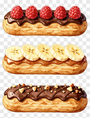Chocolate Eclairs Topped With Raspberries, Bananas, And Nuts PNG