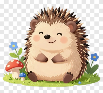 Cute Cartoon Hedgehog Sitting Among Flowers And Mushrooms PNG