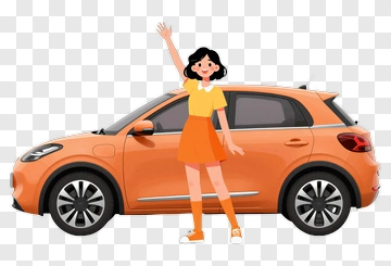 Cartoon Woman Standing Beside An Orange Car PNG