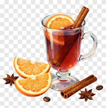 Glass Of Hot Beverage With Orange And Cinnamon Sticks PNG