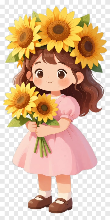 Girl Holding Sunflowers With Floral Headband PNG
