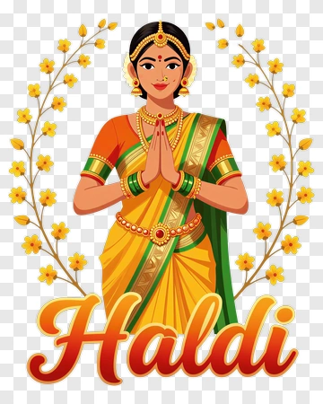 Woman In Traditional Dress With Haldi Text PNG