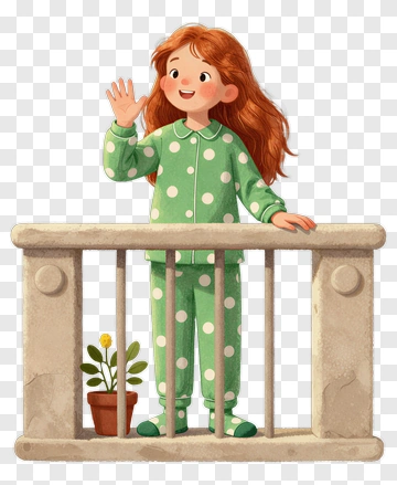 Cartoon Girl Waving From A Balcony PNG