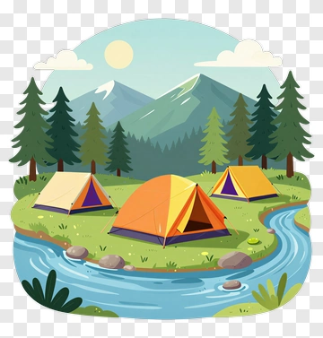 Camping Scene With Tents By A River PNG
