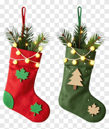 Christmas Stockings With Pine And Lights PNG
