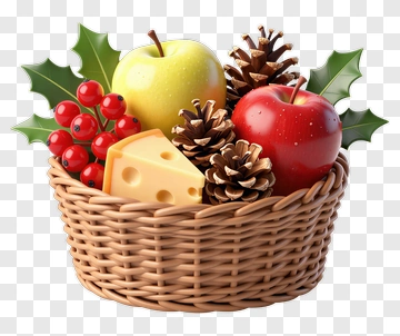 Fruit And Cheese Basket With Pine Cones PNG