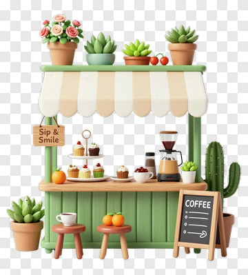Colorful Coffee Stand With Cupcakes And Plants PNG