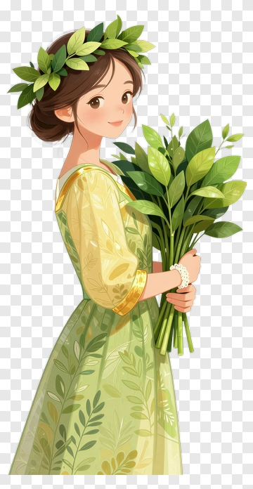 Woman Holding A Bouquet Of Green Leaves PNG