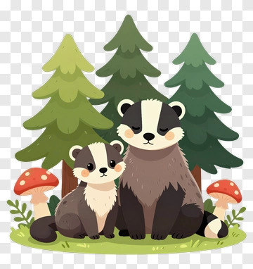 Cartoon Badger Family In A Forest PNG