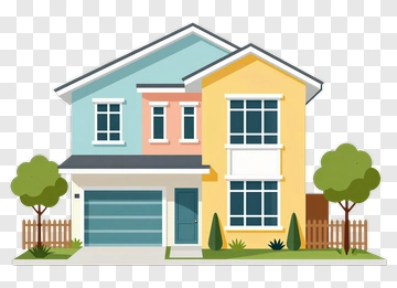 Colorful House With Trees And Fence PNG
