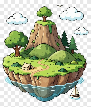 Cartoon Island Landscape With Tent And Sailboat PNG