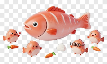 Cartoon Fish With Cute Characters And Vegetables PNG