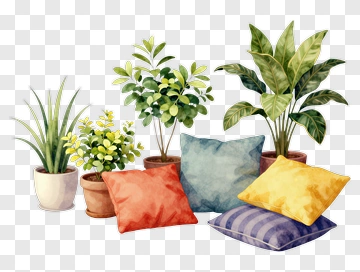 Watercolor Plants And Cushions Arrangement PNG