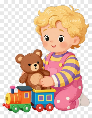 Child Playing With A Toy Train And Teddy Bear PNG