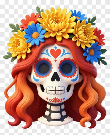 Colorful Sugar Skull With Floral Crown PNG