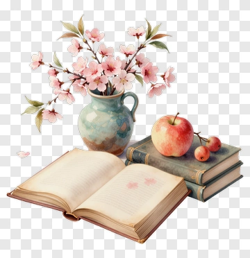 Floral Still Life With Open Book And Apple PNG