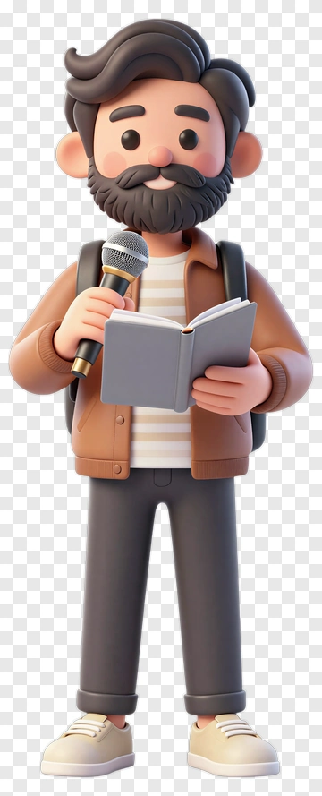 3D Man Holding A Microphone And Reading A Book PNG