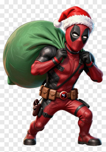 Deadpool In A Christmas Santa Hat Carrying A Bag PNG