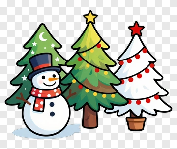 Cartoon Snowman With Christmas Trees PNG
