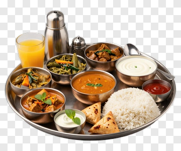 Traditional Indian Thali With Rice And Assorted Dishes PNG
