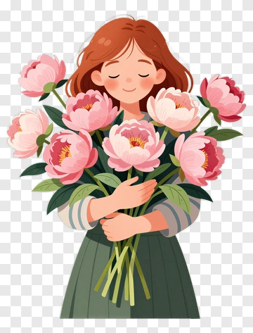 Girl Holding A Bouquet Of Pink Peonies PNG