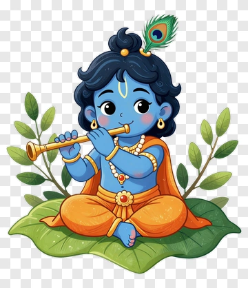 Cartoon Krishna Playing Flute On A Leaf PNG