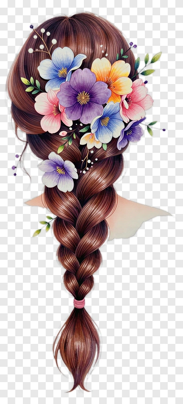 Braided Hair With Colorful Flowers PNG