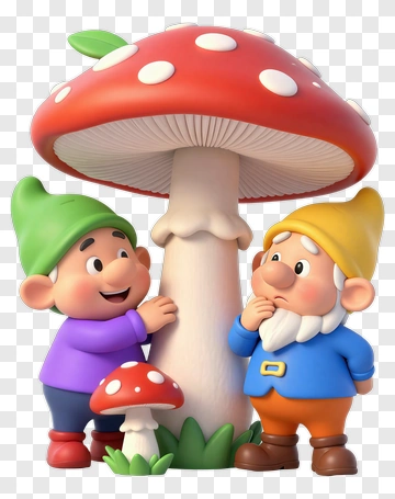 Cartoon Gnomes Beside A Large Mushroom PNG