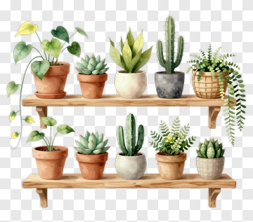 Collection Of Potted Succulents On Wooden Shelves PNG