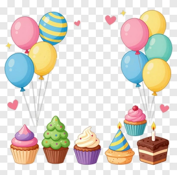 Colorful Birthday Cupcakes And Balloons PNG