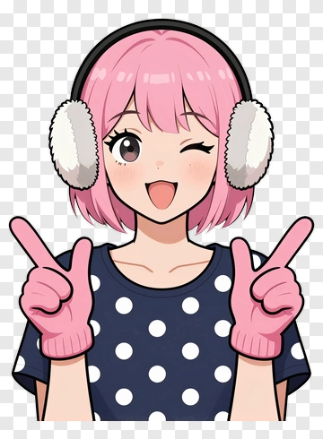 Cartoon Girl Winking With Pink Hair And Winter Accessories PNG