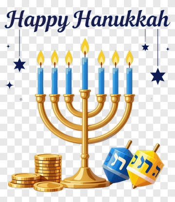 Happy Hanukkah Menorah With Dreidels And Chocolate Coins PNG