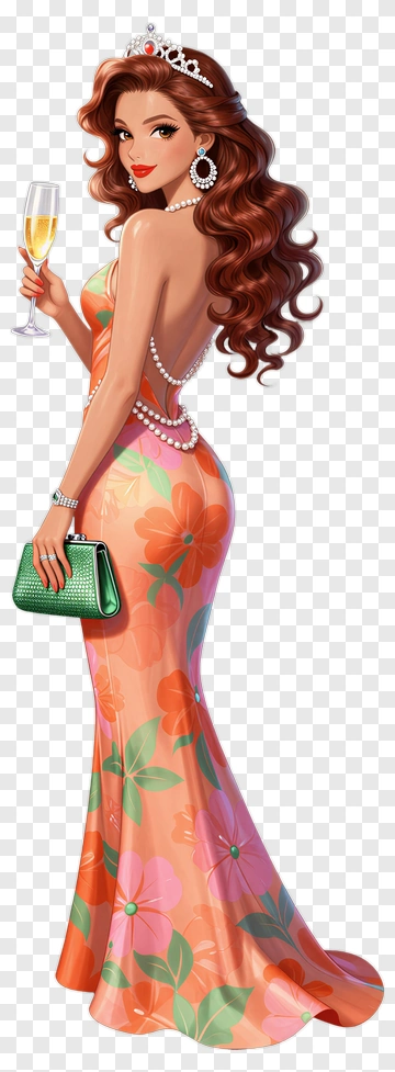 Elegant Woman In Floral Dress Holding A Champagne Glass PNG