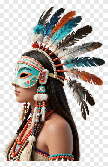 Woman Wearing Colorful Tribal Mask And Feathered Headdress PNG